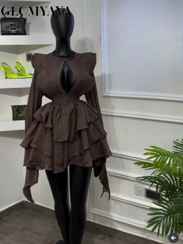 CM.YAYA Women Cascading Ruffles Smock Cutout Front Long Sleeve Mini Dress 2026 Street Party Education Holiday Dresses Vestidos