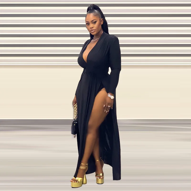 CM.YAYA Plus Size Women Full Sleeve Evening Dresses Classic V-neck Maxi Vestidos 2025 Night Club Split Party Long Dress CM.YAYA Plus Size Women Full Sleeve Evening Dresses Classic V-neck Maxi Vestidos 2025 Night Club Split Party Long Dress