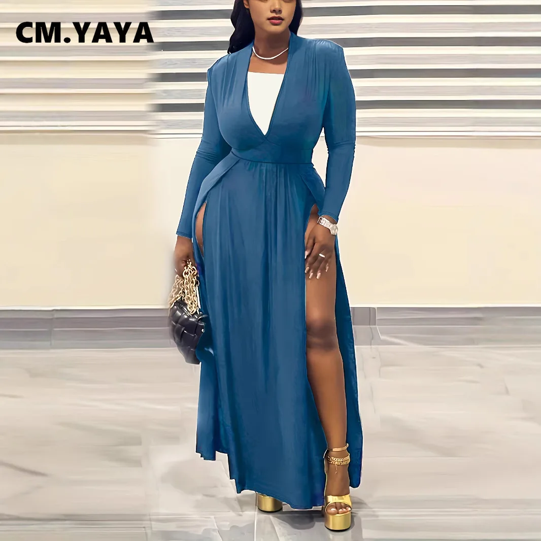CM.YAYA Plus Size Women Full Sleeve Evening Dresses Classic V-neck Maxi Vestidos 2025 Night Club Split Party Long Dress