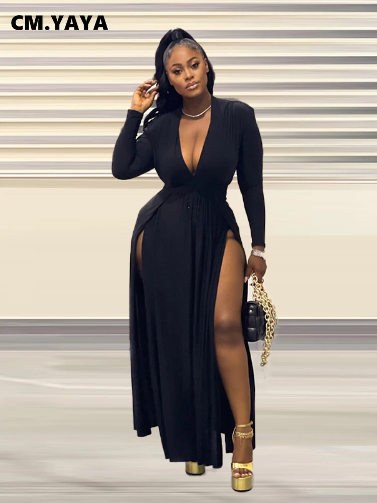 CM.YAYA Plus Size Women Full Sleeve Evening Dresses Classic V-neck Maxi Vestidos 2025 Night Club Split Party Long Dress