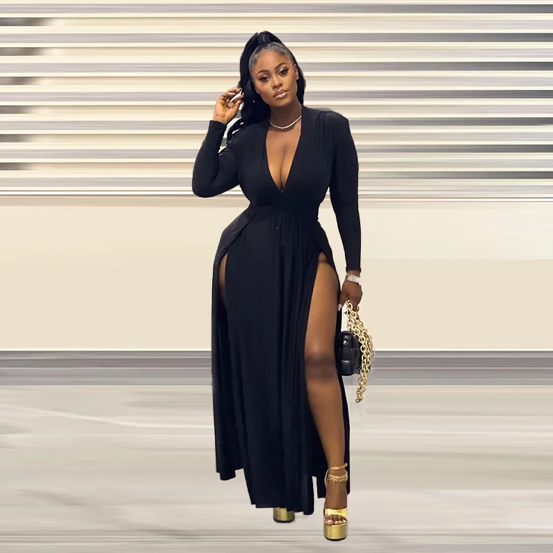 CM.YAYA Plus Size Women Full Sleeve Evening Dresses Classic V-neck Maxi Vestidos 2025 Night Club Split Party Long Dress CM.YAYA Plus Size Women Full Sleeve Evening Dresses Classic V-neck Maxi Vestidos 2025 Night Club Split Party Long Dress