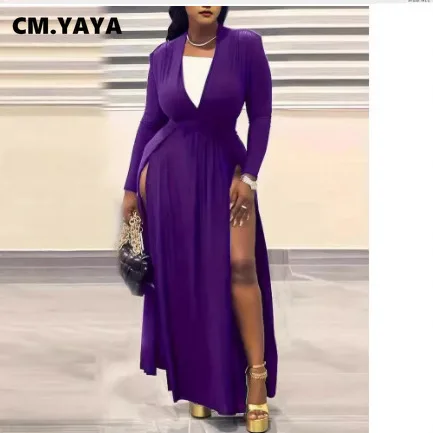 CM.YAYA Plus Size Women Full Sleeve Evening Dresses Classic V-neck Maxi Vestidos 2025 Night Club Split Party Long Dress