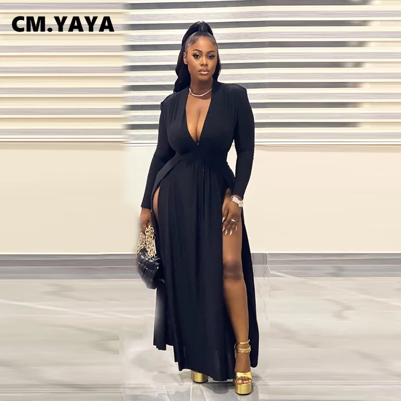 CM.YAYA Plus Size Women Full Sleeve Evening Dresses Classic V-neck Maxi Vestidos 2025 Night Club Split Party Long Dress