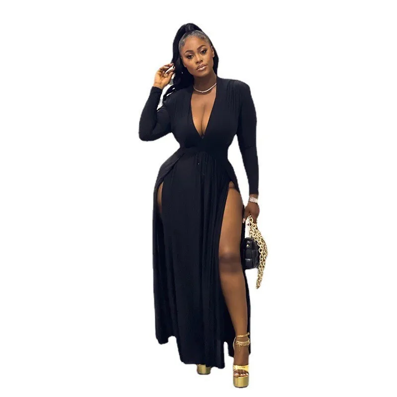 CM.YAYA Plus Size Women Full Sleeve Evening Dresses Classic V-neck Maxi Vestidos 2025 Night Club Split Party Long Dress CM.YAYA Plus Size Women Full Sleeve Evening Dresses Classic V-neck Maxi Vestidos 2025 Night Club Split Party Long Dress