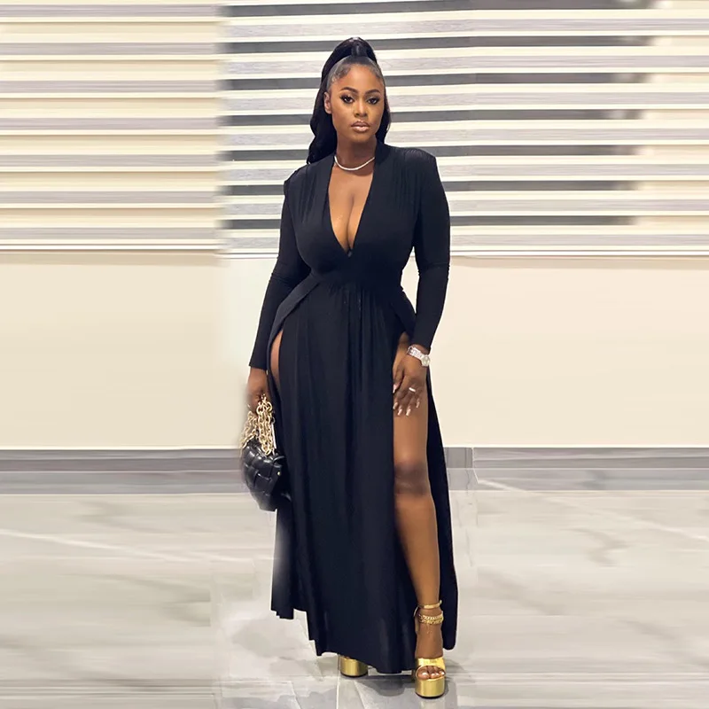 CM.YAYA Plus Size Women Full Sleeve Evening Dresses Classic V-neck Maxi Vestidos 2025 Night Club Split Party Long Dress CM.YAYA Plus Size Women Full Sleeve Evening Dresses Classic V-neck Maxi Vestidos 2025 Night Club Split Party Long Dress