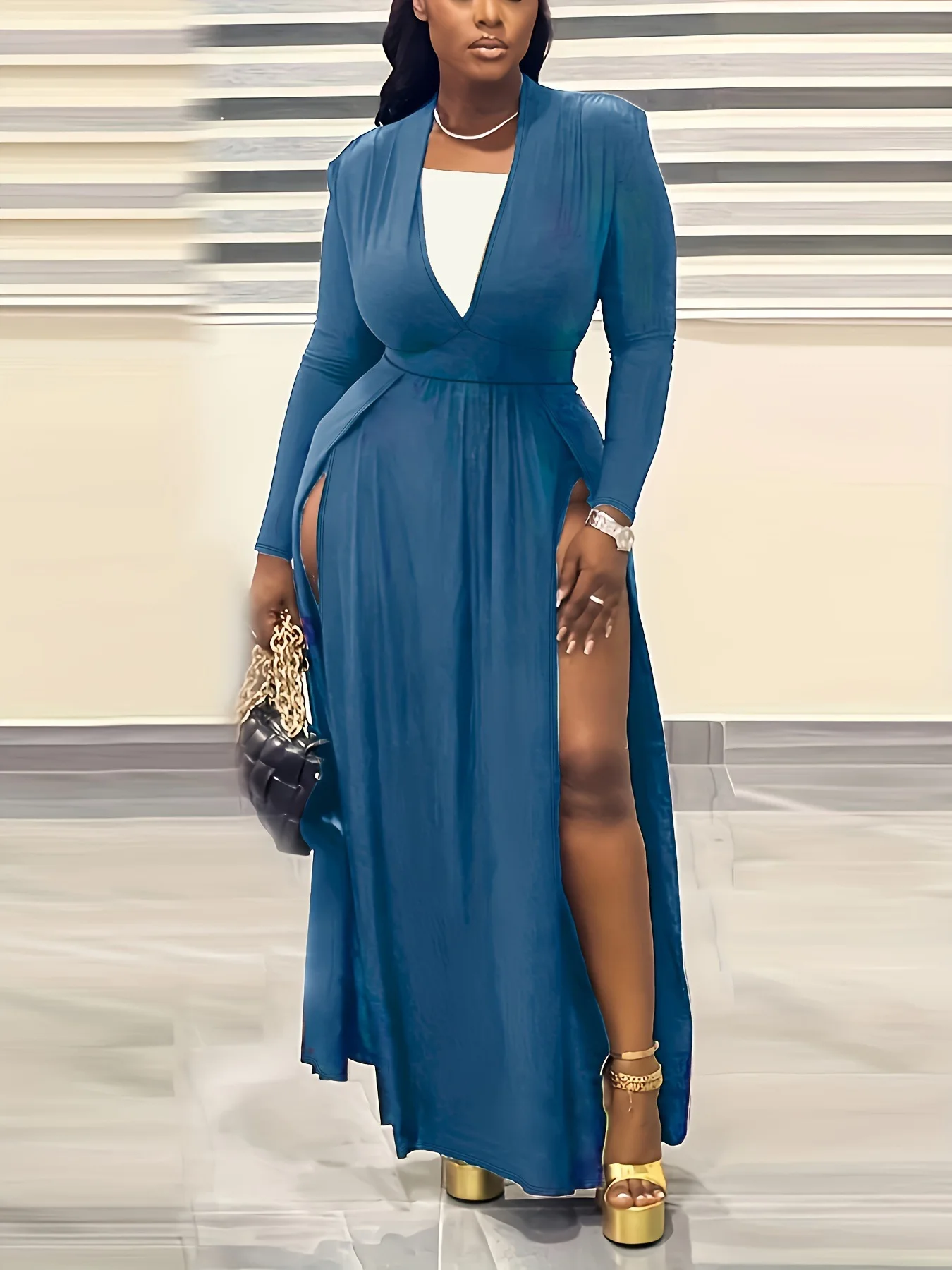 CM.YAYA Plus Size Women Full Sleeve Evening Dresses Classic V-neck Maxi Vestidos 2025 Night Club Split Party Long Dress CM.YAYA Plus Size Women Full Sleeve Evening Dresses Classic V-neck Maxi Vestidos 2025 Night Club Split Party Long Dress