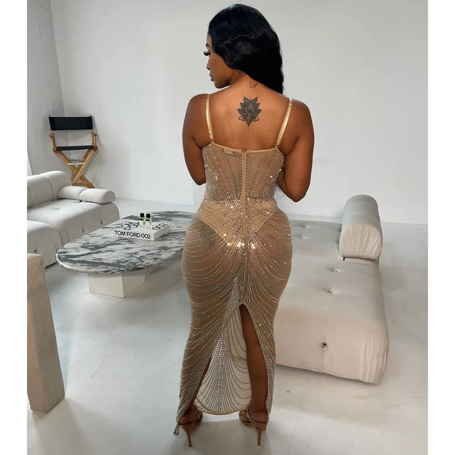 CM.YAYA Women Mesh See Though Diamonds Hot Drill Sleeveless Strap Bodycon Maxi Dress 2023 Sexy Party Evening Vestidos Dresses