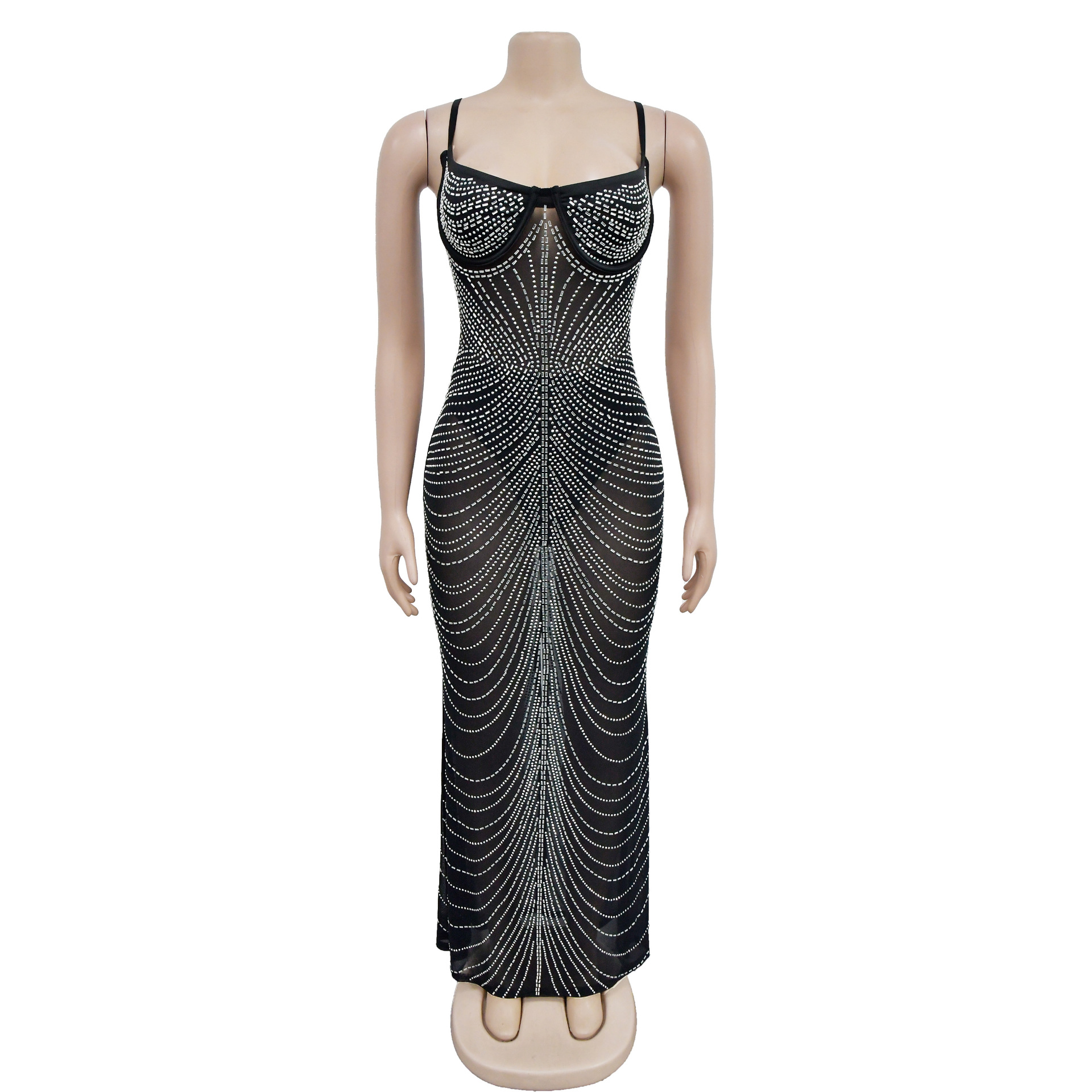 CM.YAYA Women Mesh See Though Diamonds Hot Drill Sleeveless Strap Bodycon Maxi Dress 2023 Sexy Party Evening Vestidos Dresses