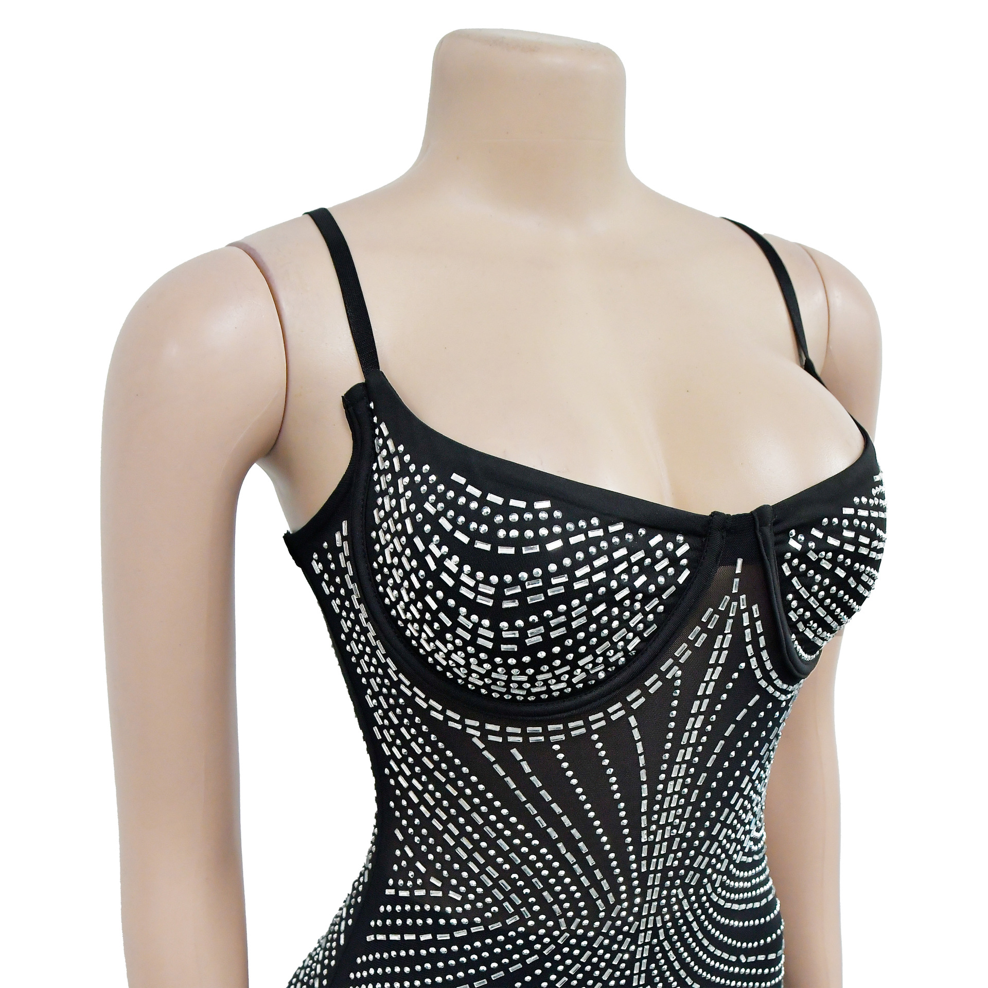 CM.YAYA Women Mesh See Though Diamonds Hot Drill Sleeveless Strap Bodycon Maxi Dress 2023 Sexy Party Evening Vestidos Dresses