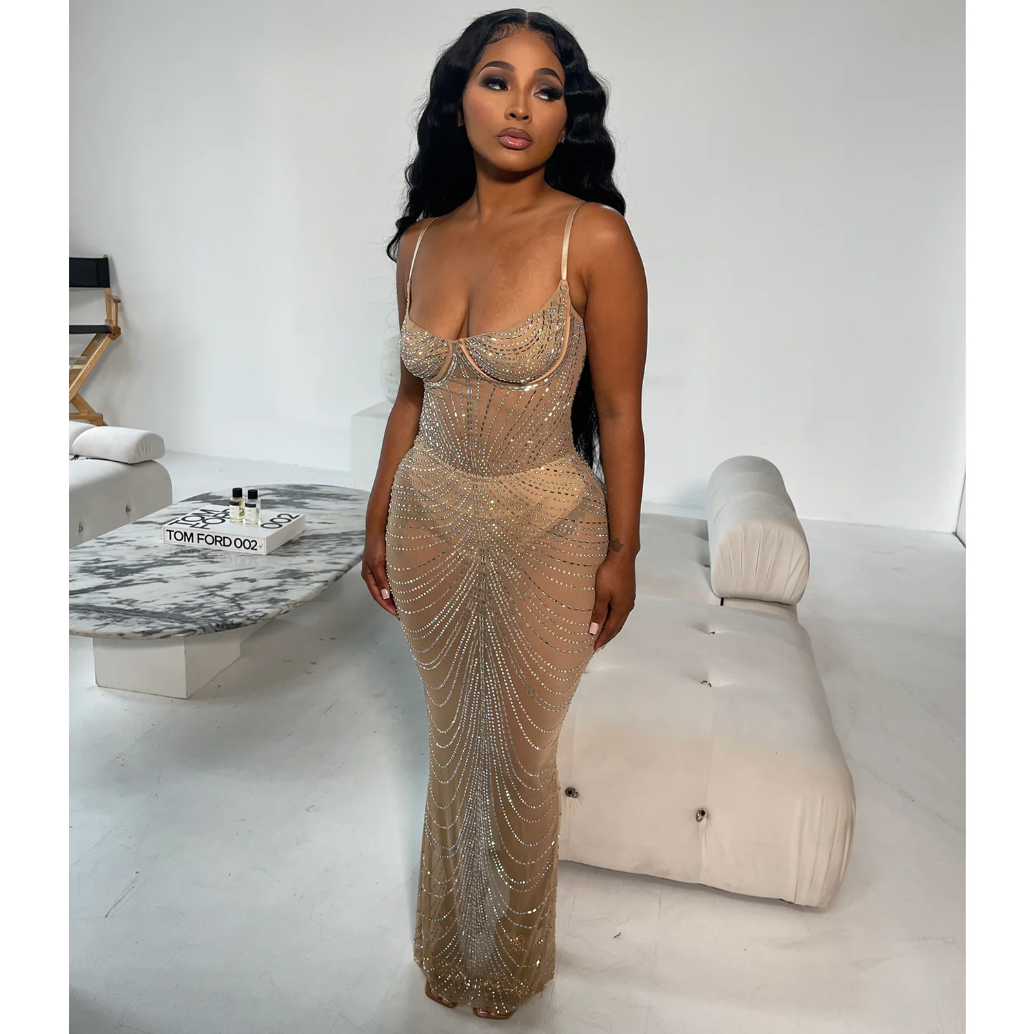 CM.YAYA Women Mesh See Though Diamonds Hot Drill Sleeveless Strap Bodycon Maxi Dress 2023 Sexy Party Evening Vestidos Dresses