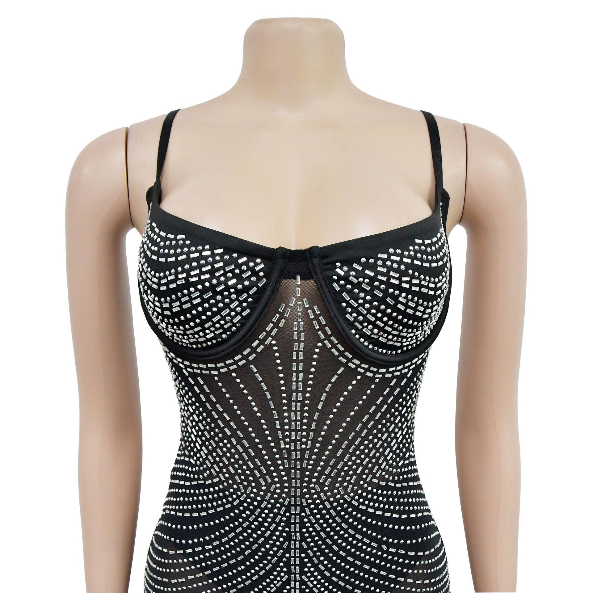 CM.YAYA Women Mesh See Though Diamonds Hot Drill Sleeveless Strap Bodycon Maxi Dress 2023 Sexy Party Evening Vestidos Dresses