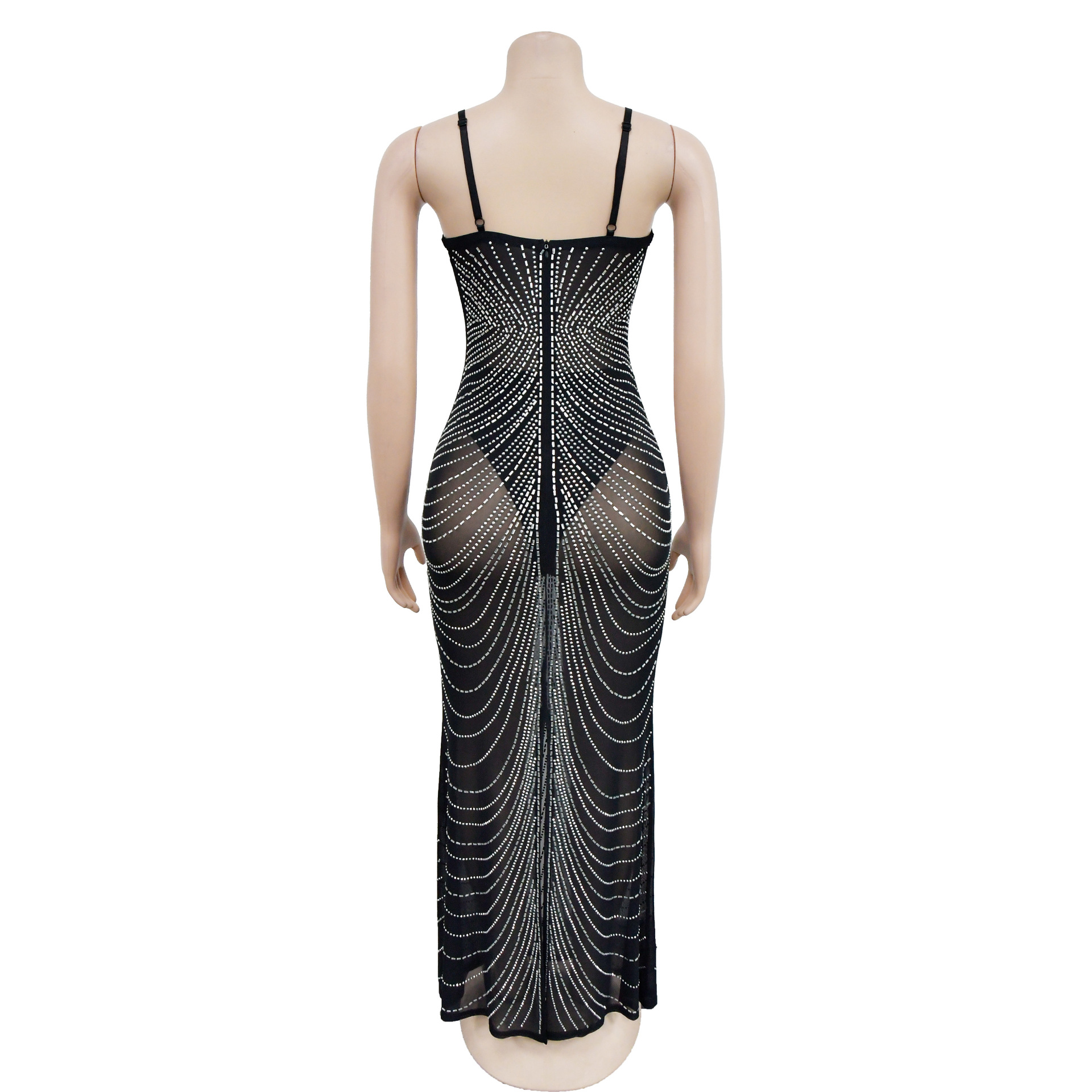 CM.YAYA Women Mesh See Though Diamonds Hot Drill Sleeveless Strap Bodycon Maxi Dress 2023 Sexy Party Evening Vestidos Dresses