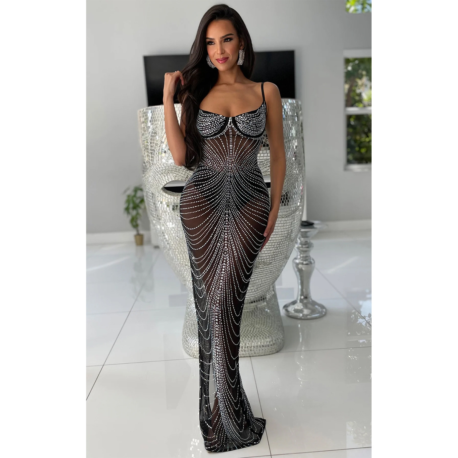 CM.YAYA Women Mesh See Though Diamonds Hot Drill Sleeveless Strap Bodycon Maxi Dress 2023 Sexy Party Evening Vestidos Dresses
