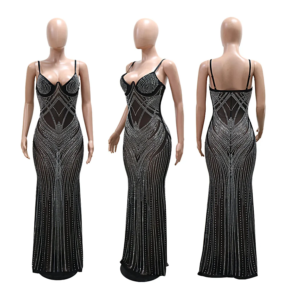 CM.YAYA Women Mesh See Though Diamonds Hot Rhinestones Sleeveless Strap Maxi Long Dress 2025 Sexy Party Evening Vestidos Dresses