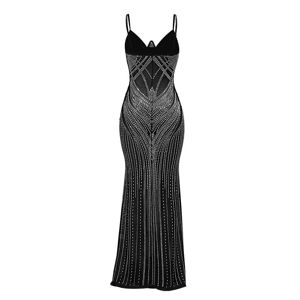 CM.YAYA Women Mesh See Though Diamonds Hot Rhinestones Sleeveless Strap Maxi Long Dress 2025 Sexy Party Evening Vestidos Dresses
