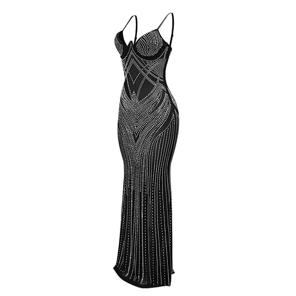 CM.YAYA Women Mesh See Though Diamonds Hot Rhinestones Sleeveless Strap Maxi Long Dress 2025 Sexy Party Evening Vestidos Dresses