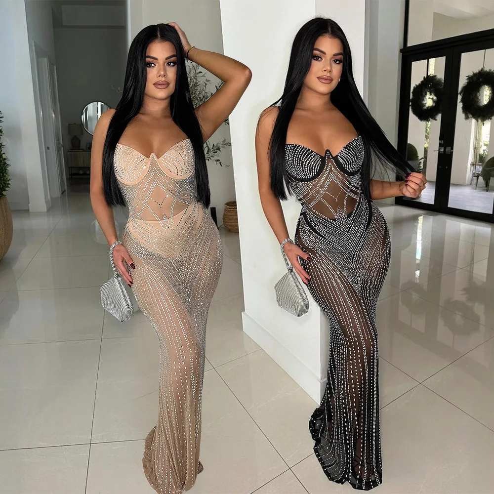 CM.YAYA Women Mesh See Though Diamonds Hot Rhinestones Sleeveless Strap Maxi Long Dress 2025 Sexy Party Evening Vestidos Dresses