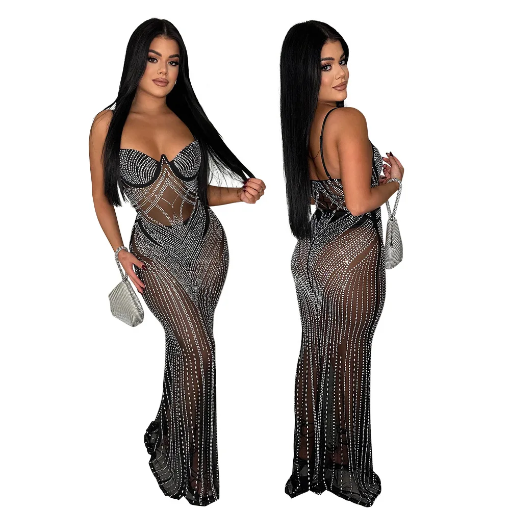 CM.YAYA Women Mesh See Though Diamonds Hot Rhinestones Sleeveless Strap Maxi Long Dress 2025 Sexy Party Evening Vestidos Dresses