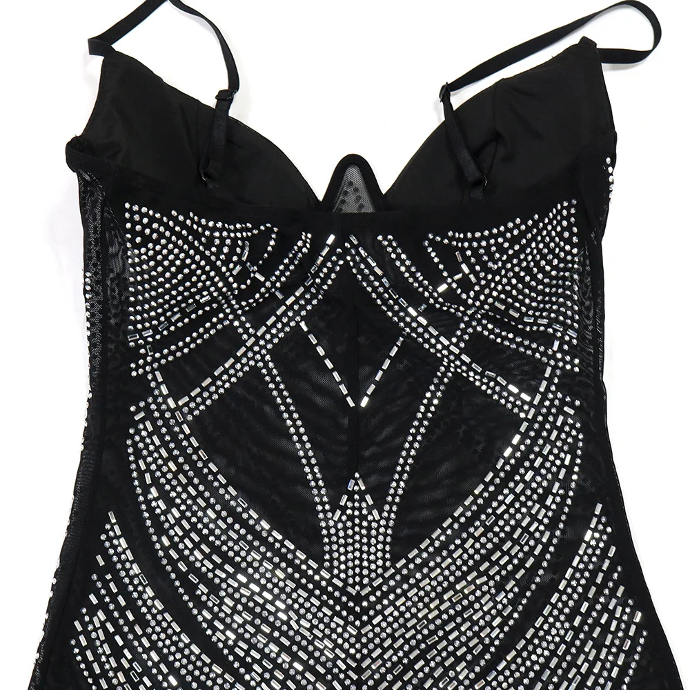 CM.YAYA Women Mesh See Though Diamonds Hot Rhinestones Sleeveless Strap Maxi Long Dress 2025 Sexy Party Evening Vestidos Dresses