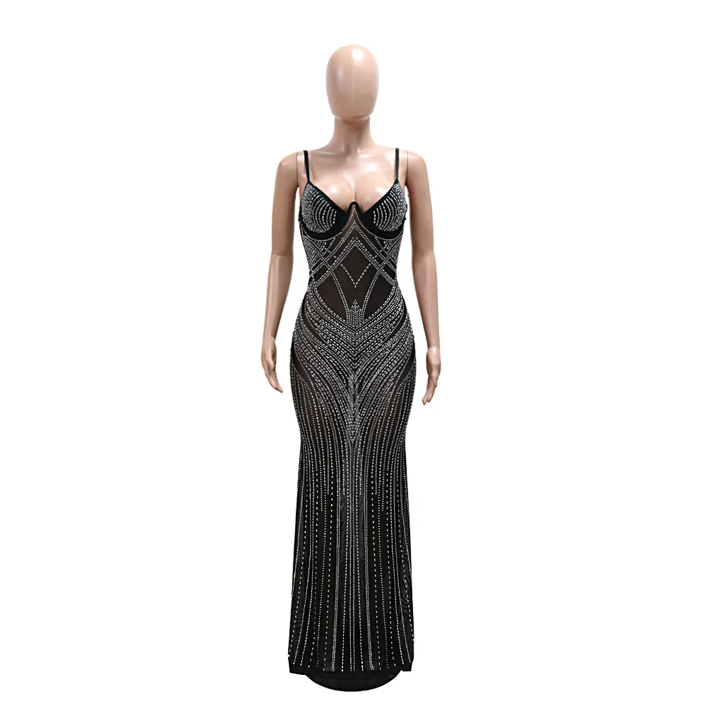 CM.YAYA Women Mesh See Though Diamonds Hot Rhinestones Sleeveless Strap Maxi Long Dress 2025 Sexy Party Evening Vestidos Dresses