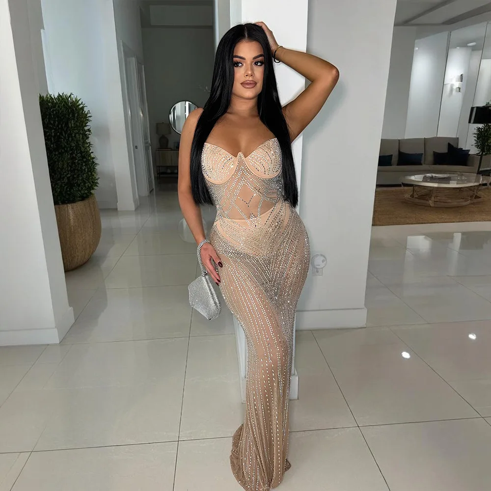 CM.YAYA Women Mesh See Though Diamonds Hot Rhinestones Sleeveless Strap Maxi Long Dress 2025 Sexy Party Evening Vestidos Dresses