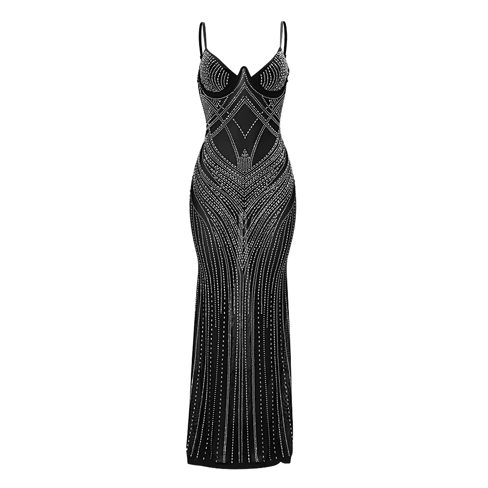 CM.YAYA Women Mesh See Though Diamonds Hot Rhinestones Sleeveless Strap Maxi Long Dress 2025 Sexy Party Evening Vestidos Dresses
