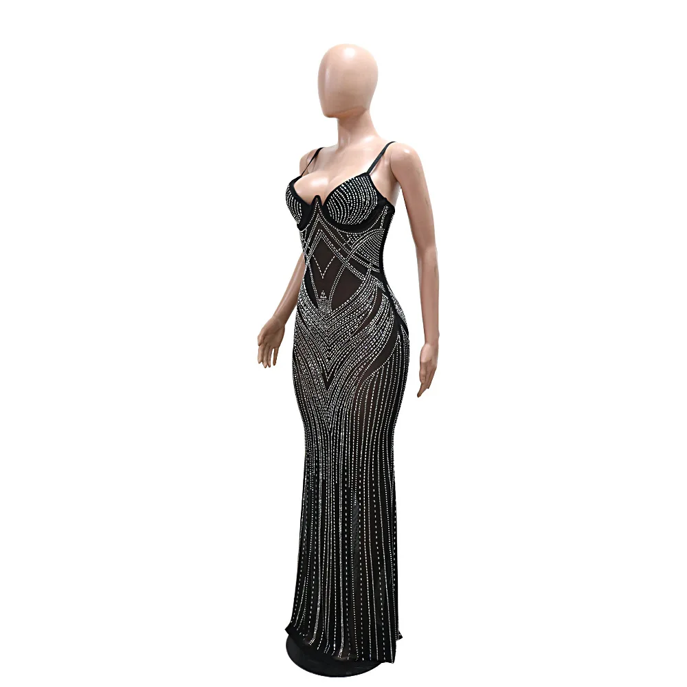 CM.YAYA Women Mesh See Though Diamonds Hot Rhinestones Sleeveless Strap Maxi Long Dress 2025 Sexy Party Evening Vestidos Dresses