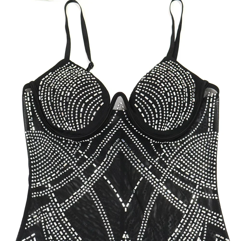 CM.YAYA Women Mesh See Though Diamonds Hot Rhinestones Sleeveless Strap Maxi Long Dress 2025 Sexy Party Evening Vestidos Dresses