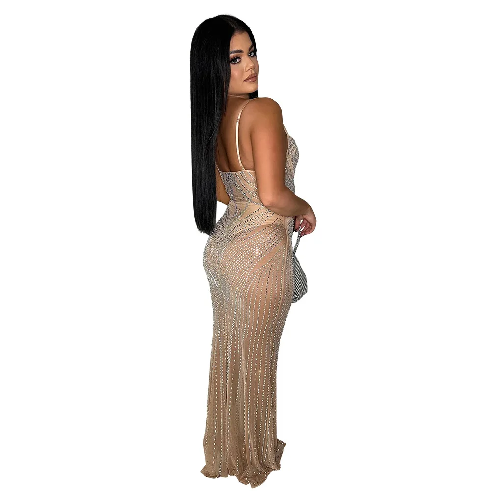 CM.YAYA Women Mesh See Though Diamonds Hot Rhinestones Sleeveless Strap Maxi Long Dress 2025 Sexy Party Evening Vestidos Dresses