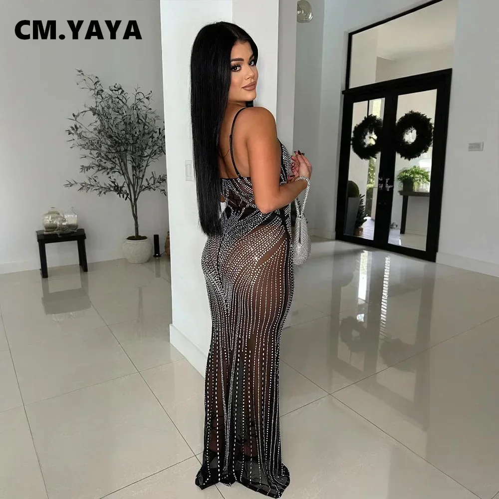 CM.YAYA Women Mesh See Though Diamonds Hot Rhinestones Sleeveless Strap Maxi Long Dress 2025 Sexy Party Evening Vestidos Dresses