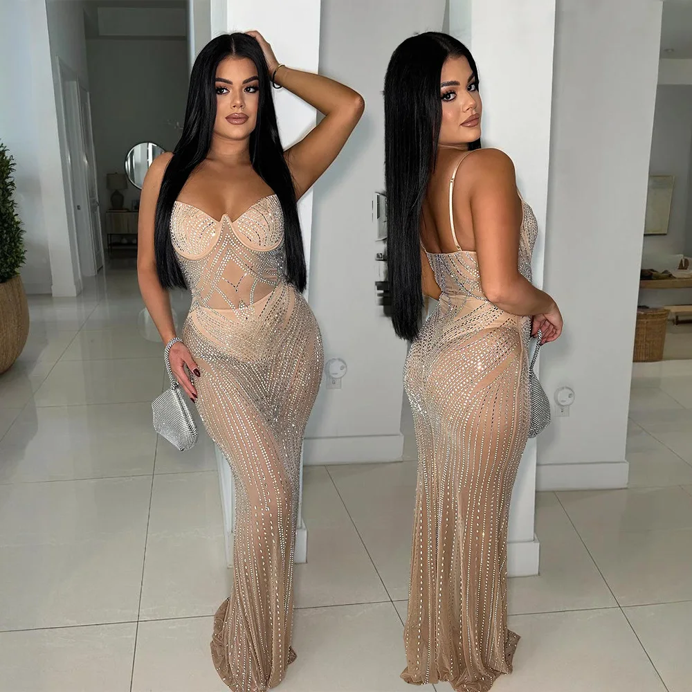 CM.YAYA Women Mesh See Though Diamonds Hot Rhinestones Sleeveless Strap Maxi Long Dress 2025 Sexy Party Evening Vestidos Dresses