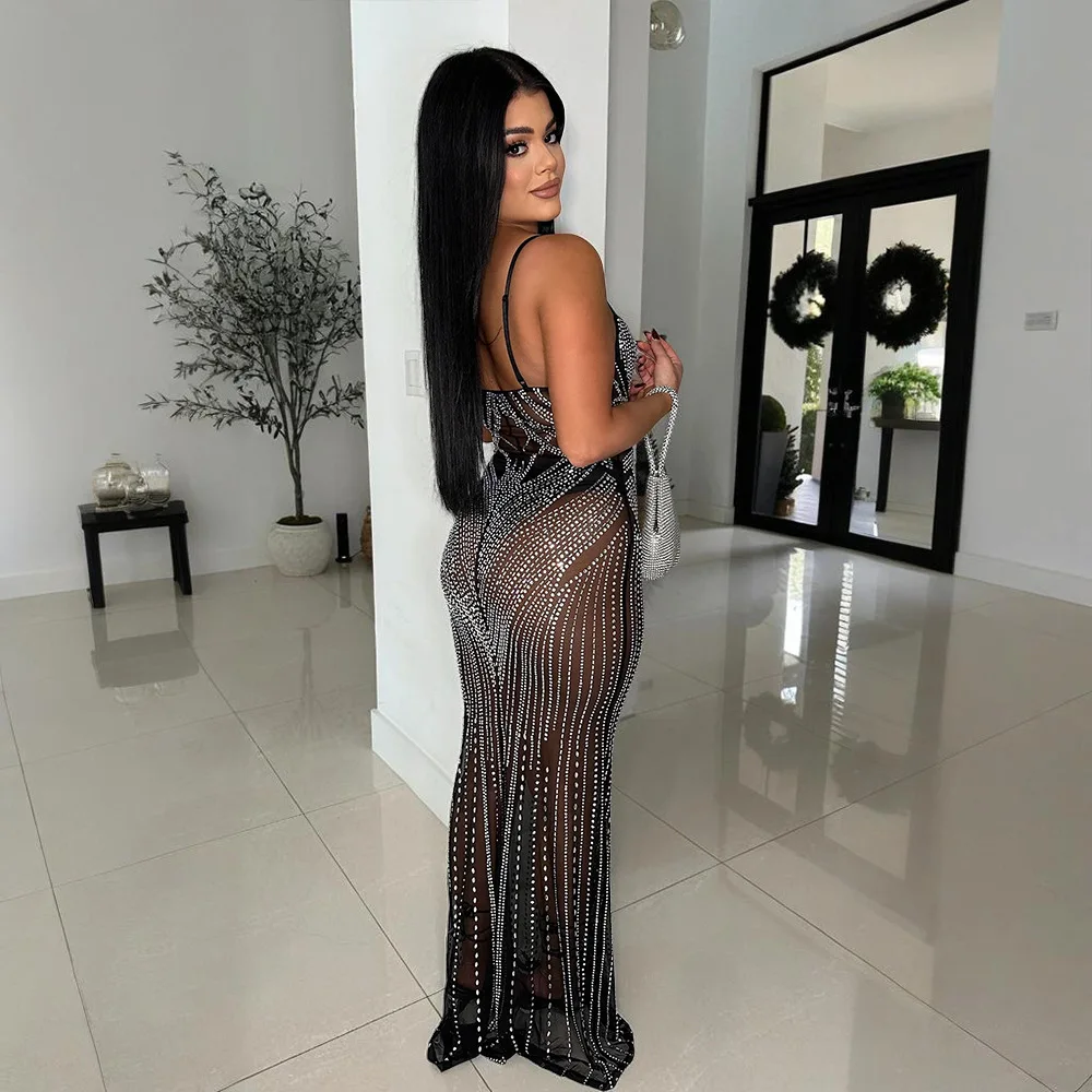 CM.YAYA Women Mesh See Though Diamonds Hot Rhinestones Sleeveless Strap Maxi Long Dress 2025 Sexy Party Evening Vestidos Dresses