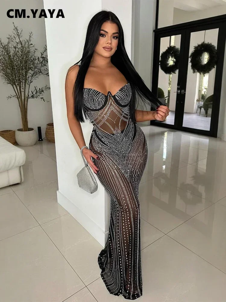 CM.YAYA Women Mesh See Though Diamonds Hot Rhinestones Sleeveless Strap Maxi Long Dress 2025 Sexy Party Evening Vestidos Dresses