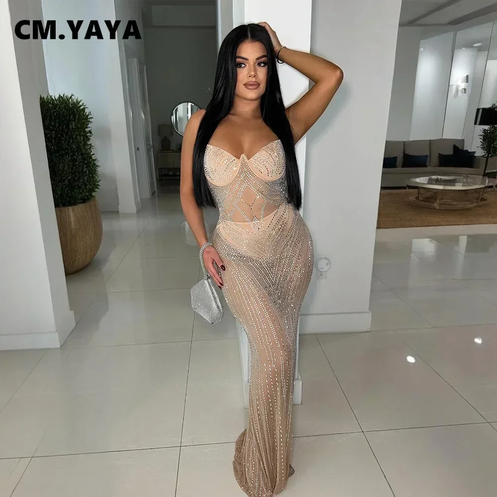 CM.YAYA Women Mesh See Though Diamonds Hot Rhinestones Sleeveless Strap Maxi Long Dress 2025 Sexy Party Evening Vestidos Dresses