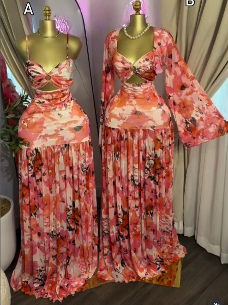 CM.YAYA Women Sleeveless Floral Printed V-neck Strap Ruffles Maxi Bodycon Dress 2026 Street Beach Even Birthday Party Dresses