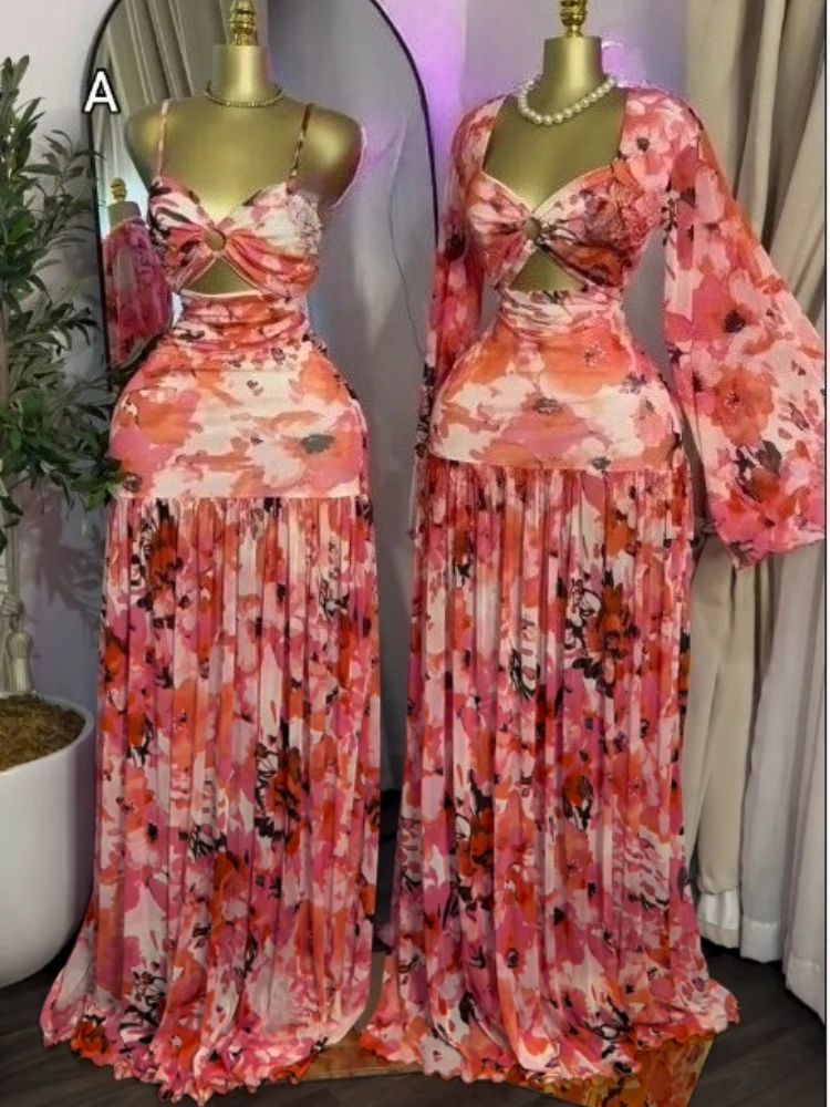 CM.YAYA Women Sleeveless Floral Printed V-neck Strap Ruffles Maxi Bodycon Dress 2026 Street Beach Even Birthday Party Dresses