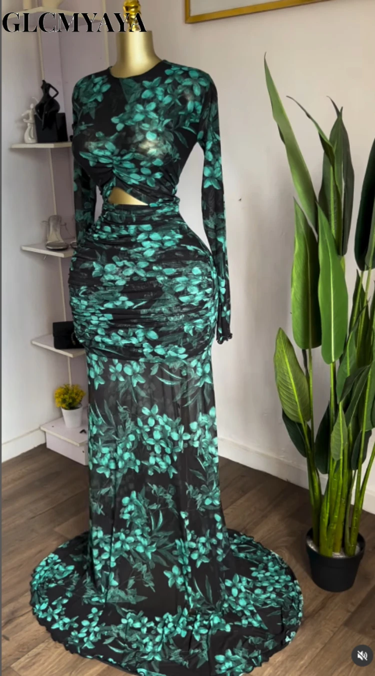 GLCMYAYA Women Floral Printed Bodycon Cutout Front Stacked Ruched Ruffles Mermaid Maxi Dress 2026 Parties Long Dresses Vestidos GLCMYAYA Women Floral Printed Bodycon Cutout Front Stacked Ruched Ruffles Mermaid Maxi Dress 2026 Parties Long Dresses Vestidos