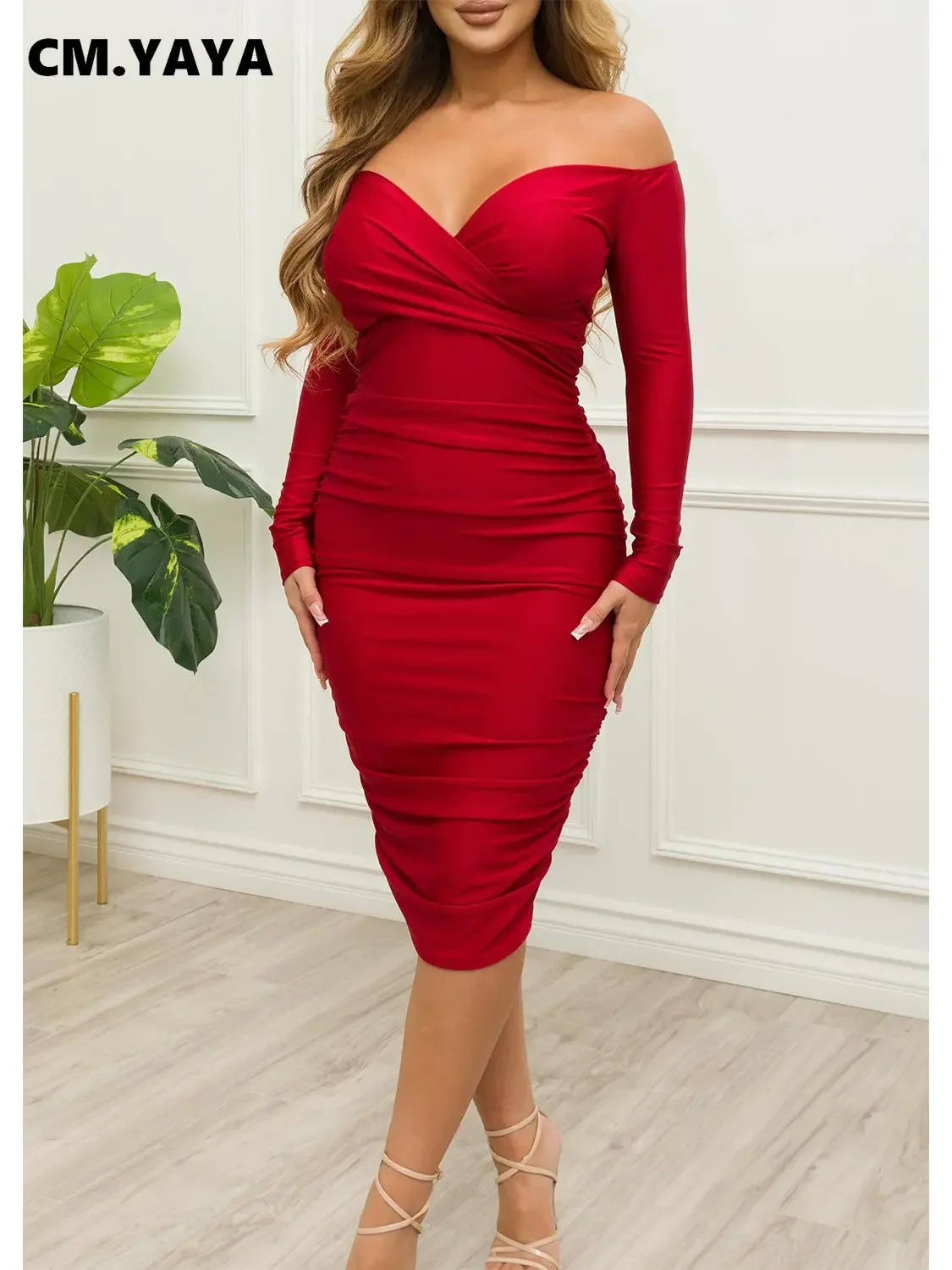 CM.YAYA Fashion Women Off Shoulder V-neck Ruched Stacked Bodycon Midi Dress Autumn Winter Long Sleeve Party Club Prom Vestidos