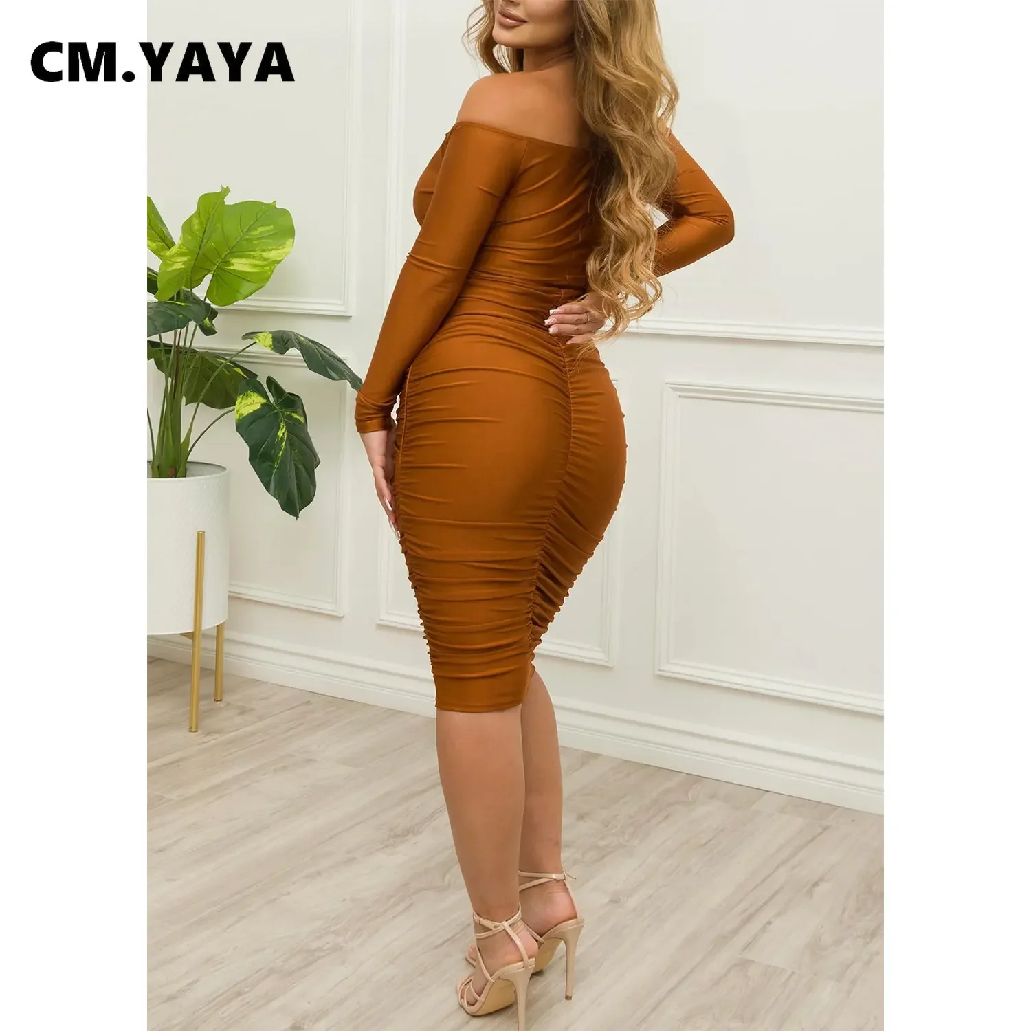 CM.YAYA Fashion Women Off Shoulder V-neck Ruched Stacked Bodycon Midi Dress Autumn Winter Long Sleeve Party Club Prom Vestidos