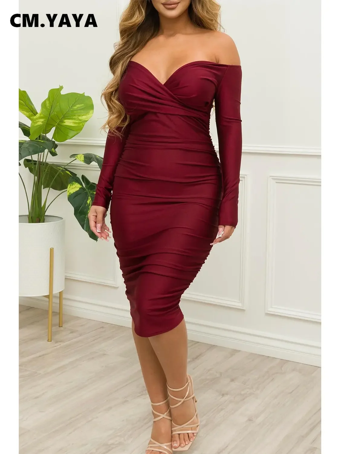 CM.YAYA Fashion Women Off Shoulder V-neck Ruched Stacked Bodycon Midi Dress Autumn Winter Long Sleeve Party Club Prom Vestidos