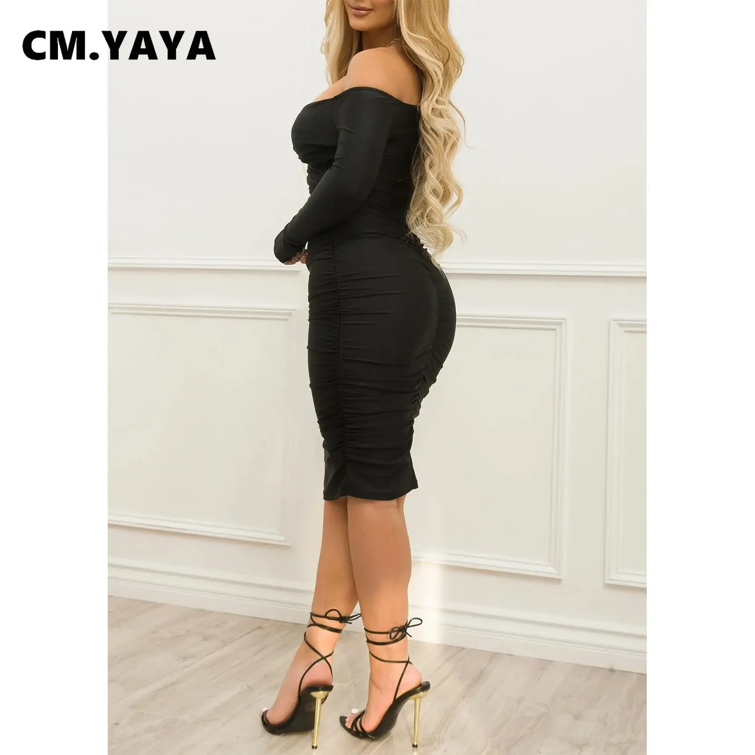 CM.YAYA Fashion Women Off Shoulder V-neck Ruched Stacked Bodycon Midi Dress Autumn Winter Long Sleeve Party Club Prom Vestidos