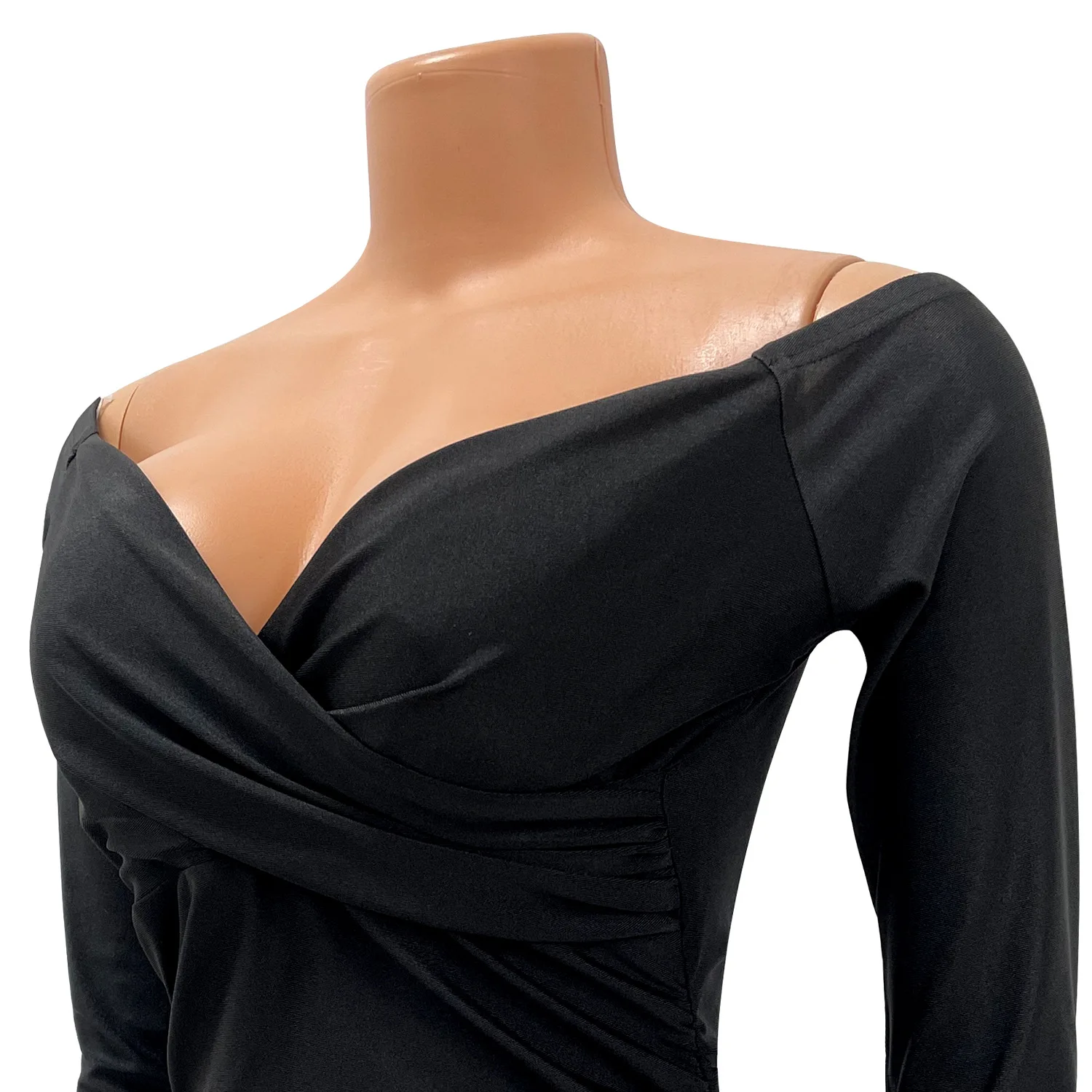 CM.YAYA Fashion Women Off Shoulder V-neck Ruched Stacked Bodycon Midi Dress Autumn Winter Long Sleeve Party Club Prom Vestidos