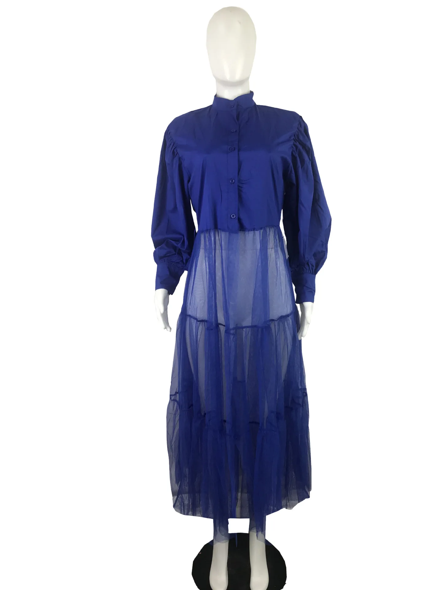 CM.YAYA Women Summer Long Sleeve Maxi Blouses Mesh Patchwork Long Dress Vintage Sexy Club Maxi Dresses