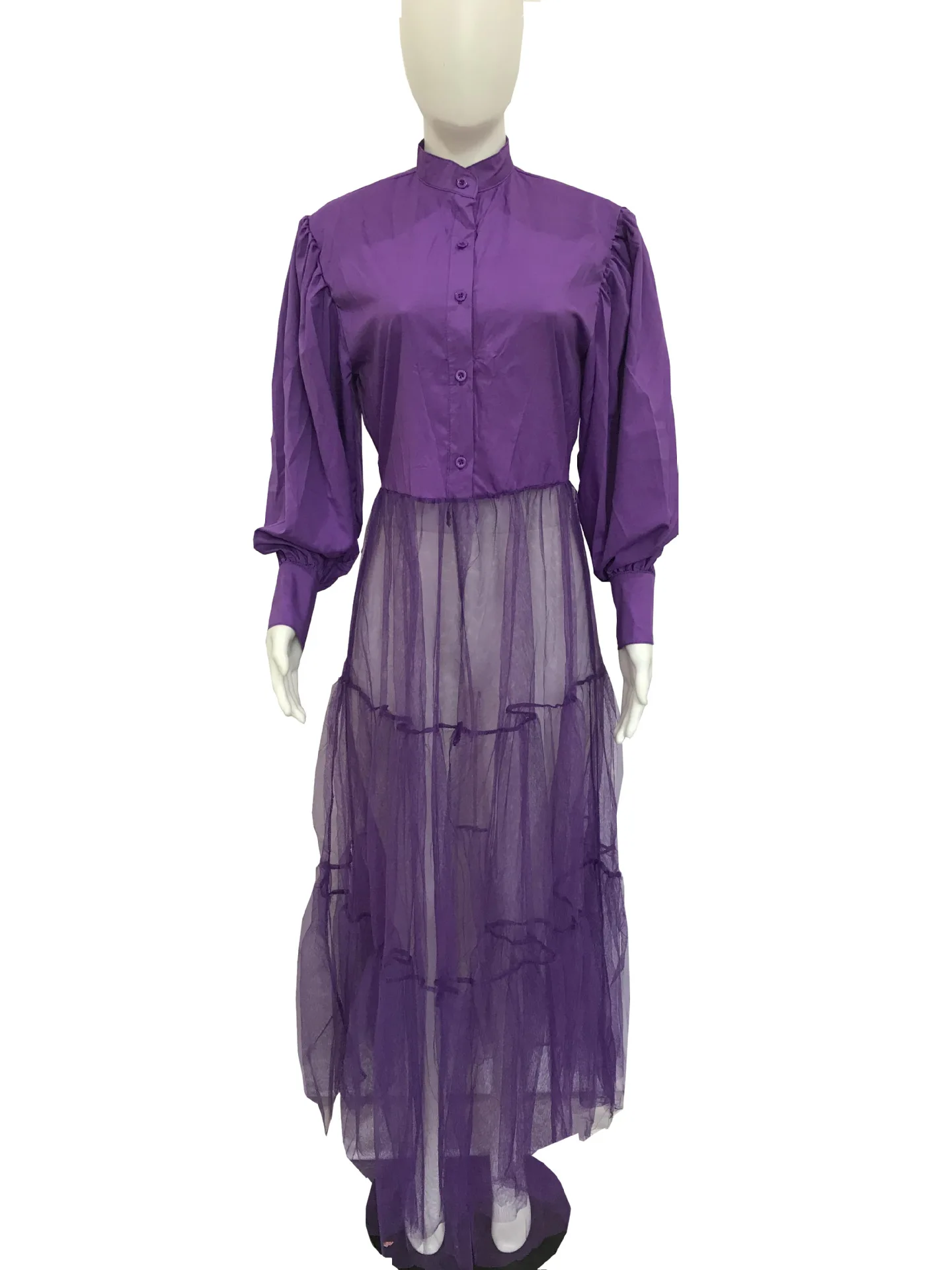 CM.YAYA Women Summer Long Sleeve Maxi Blouses Mesh Patchwork Long Dress Vintage Sexy Club Maxi Dresses