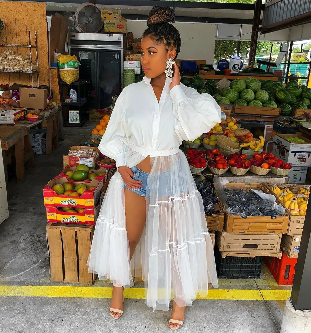 CM.YAYA Women Summer Long Sleeve Maxi Blouses Mesh Patchwork Long Dress Vintage Sexy Club Maxi Dresses