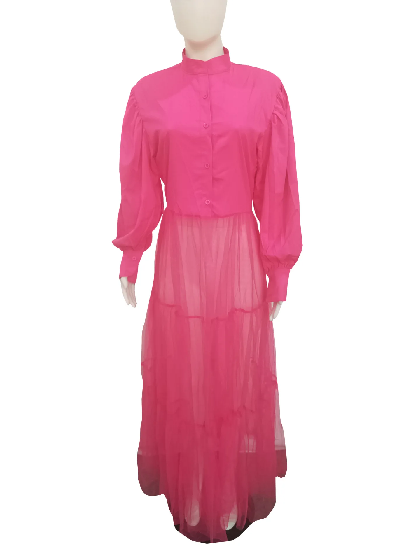 CM.YAYA Women Summer Long Sleeve Maxi Blouses Mesh Patchwork Long Dress Vintage Sexy Club Maxi Dresses