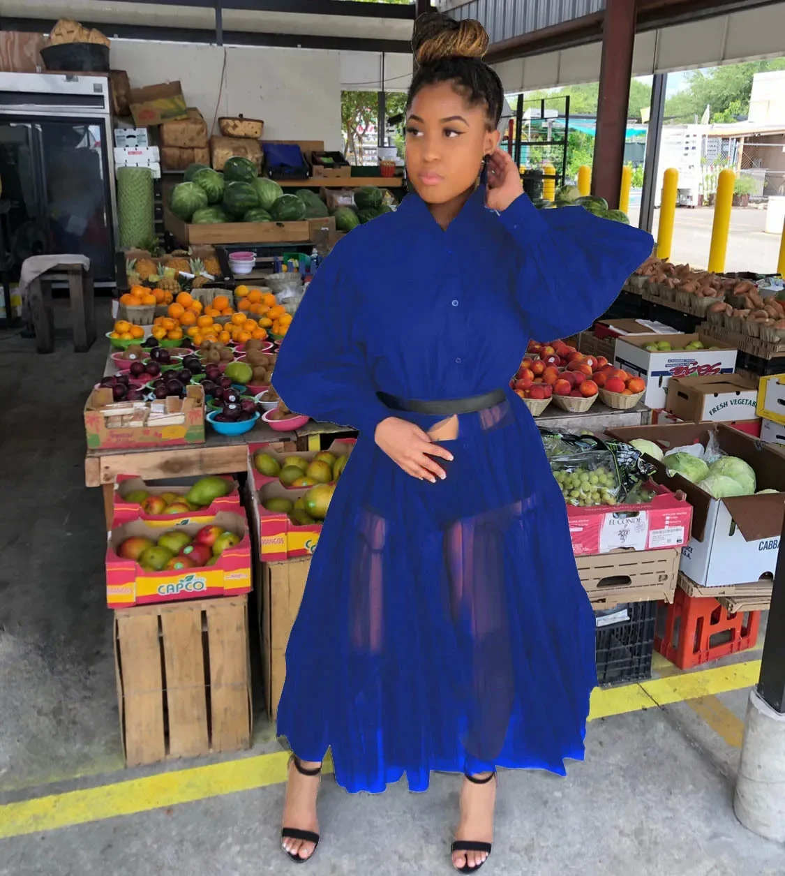 CM.YAYA Women Summer Long Sleeve Maxi Blouses Mesh Patchwork Long Dress Vintage Sexy Club Maxi Dresses