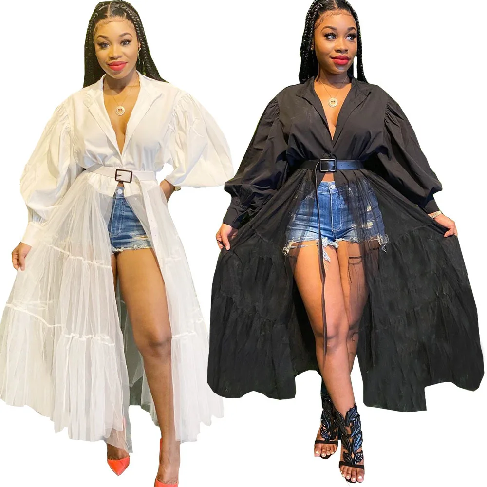 CM.YAYA Women Summer Long Sleeve Maxi Blouses Mesh Patchwork Long Dress Vintage Sexy Club Maxi Dresses