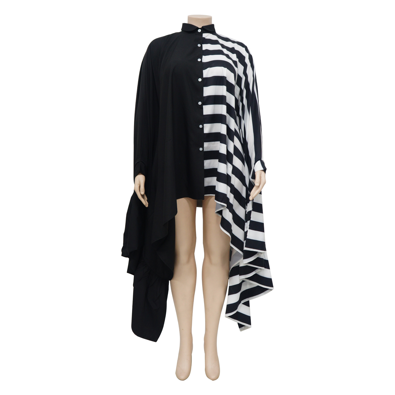 CM.YAYA Women Striped Patchwork Ruffles Hem Batwing Long Sleeve Loose Shirt Dress 2023 Autumn Winter Fashion Dresses Vestidos