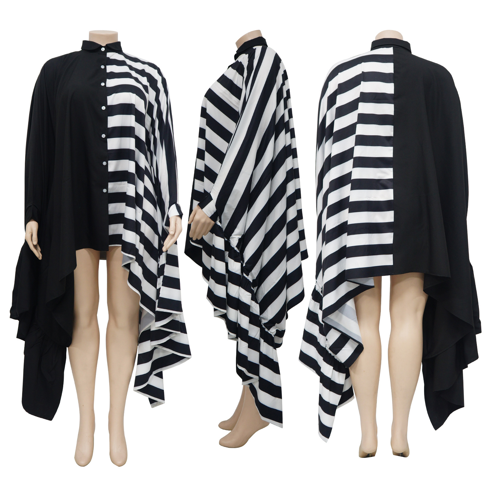 CM.YAYA Women Striped Patchwork Ruffles Hem Batwing Long Sleeve Loose Shirt Dress 2023 Autumn Winter Fashion Dresses Vestidos